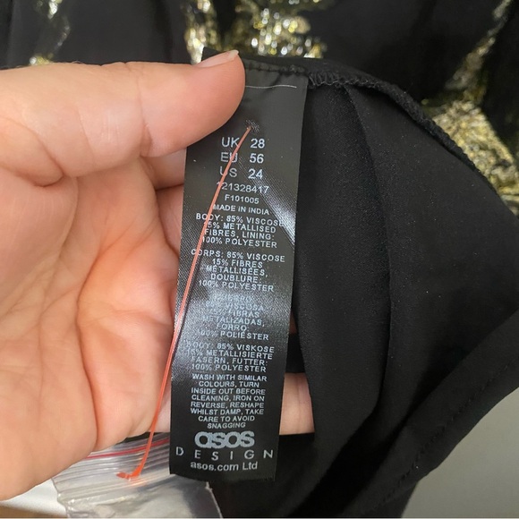 ASOS DESIGN Curve Metallic Frill Mini Dress With Lace Up  Neck In Black Pattern - Picture 14 of 14